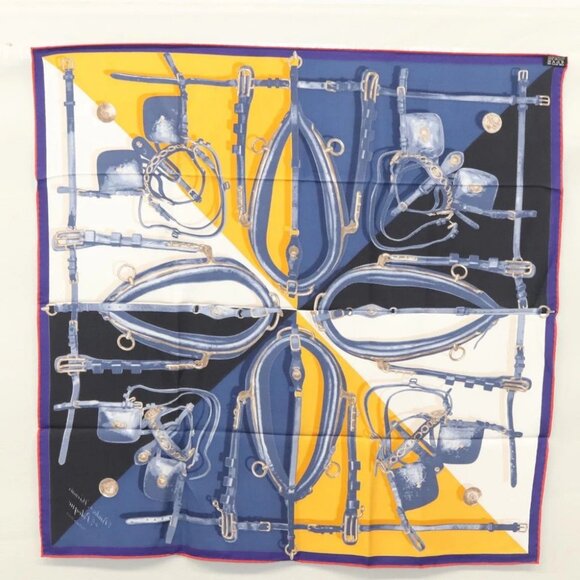 HERMES Carre 70 Scarf ""Brides et Harnais de Pologne"" Silk Blue - Picture 2 of 10